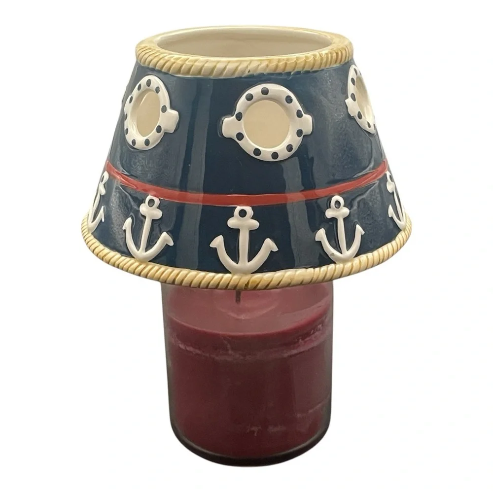 Nautical Ceramic Candle Shade Anchor Porthole Navy Rope Coastal Beach Decor